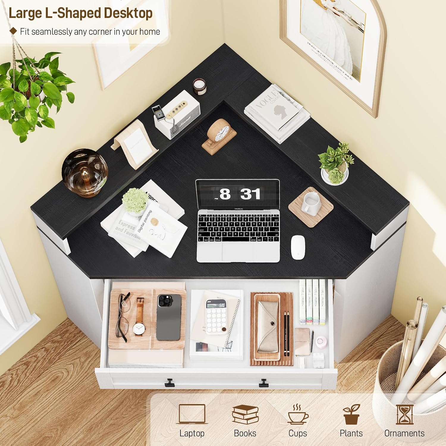 Corner Desk, Triangle Computer Desk Home Office Workstation with Drawer and Monitor Stand for Small Spaces Farmhouse Corner Vanity Table for Bedroom Study, Living Room (Rustic White and Black)