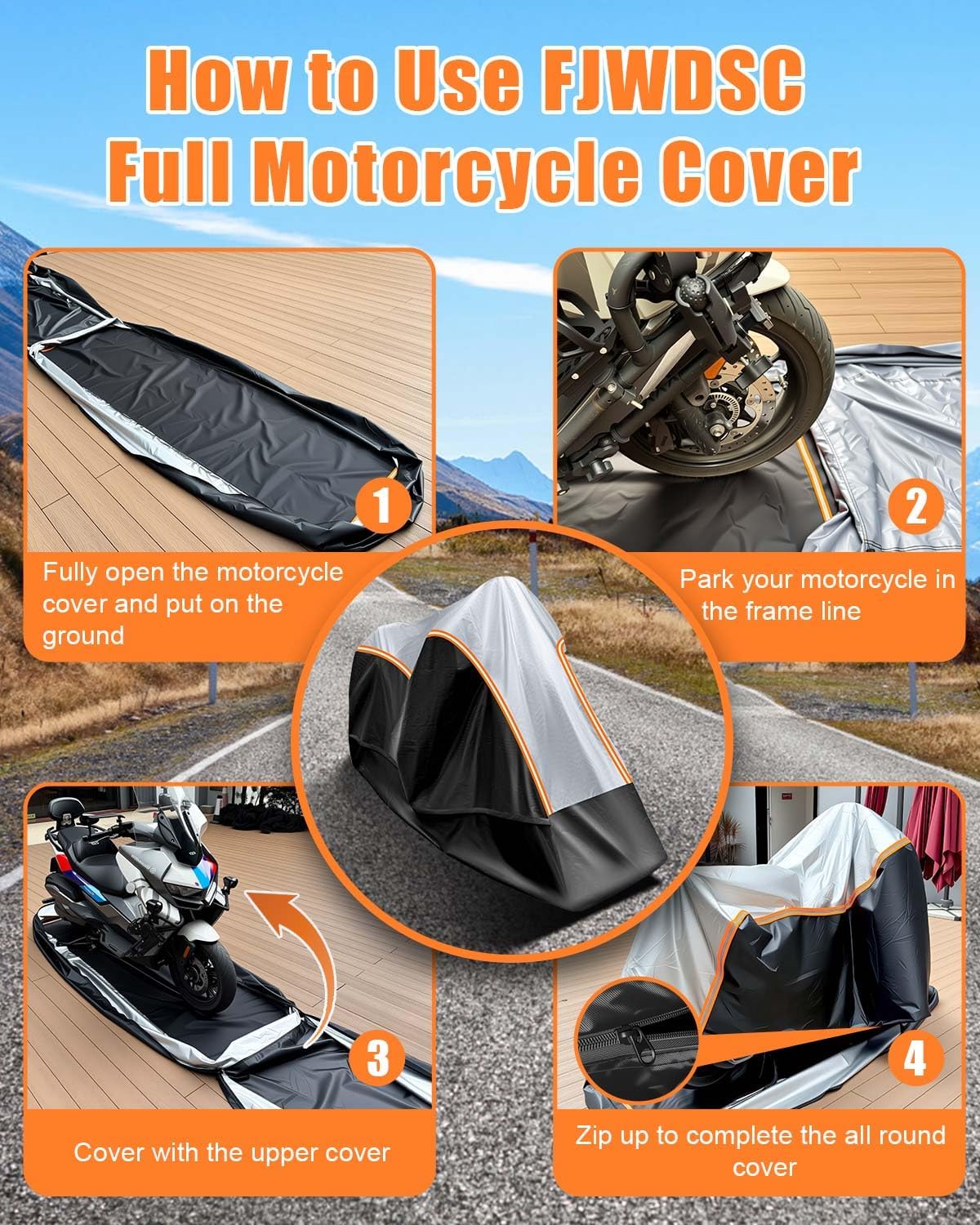 Full Enclosed Large Motorcycle Cover Waterproof Outdoor/Indoor Storage Motorcycle Cover Heavy Duty with Reflective Strips Fits Motorcycles Length up to 118' with Side+Top Box (Black+Sliver)