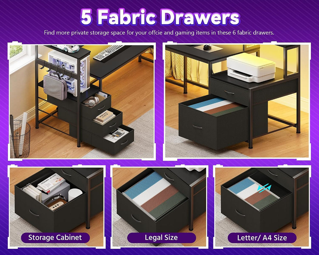 L Shaped Desk with Drawers & Storage Shelf, Corner Computer Desk with Printer Stand & Power Outlet, Gaming Desk Home Office Desk with Led Lights & Monitor Stand, Black