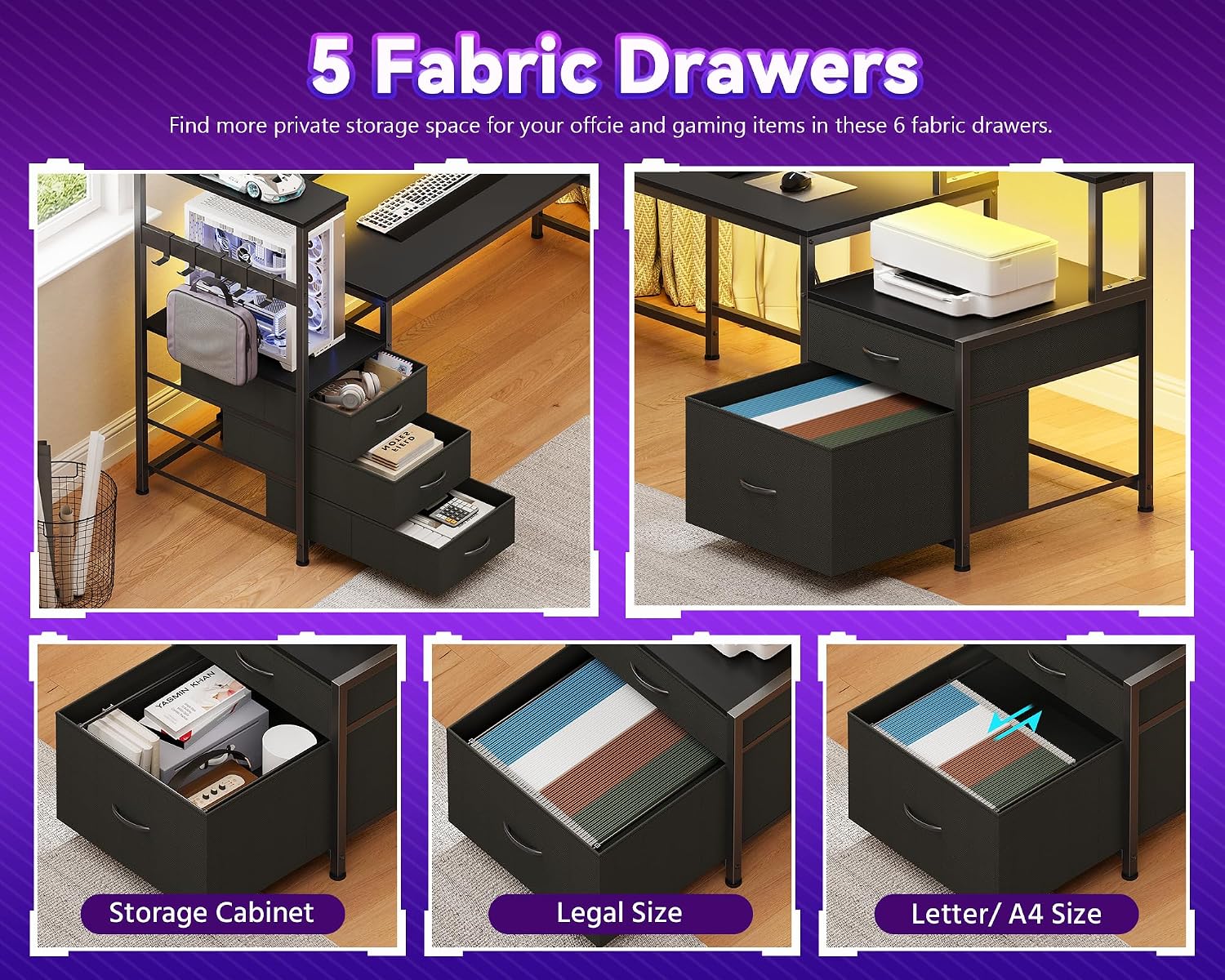 L Shaped Desk with Drawers & Storage Shelf, Corner Computer Desk with Printer Stand & Power Outlet, Gaming Desk Home Office Desk with Led Lights & Monitor Stand, Black