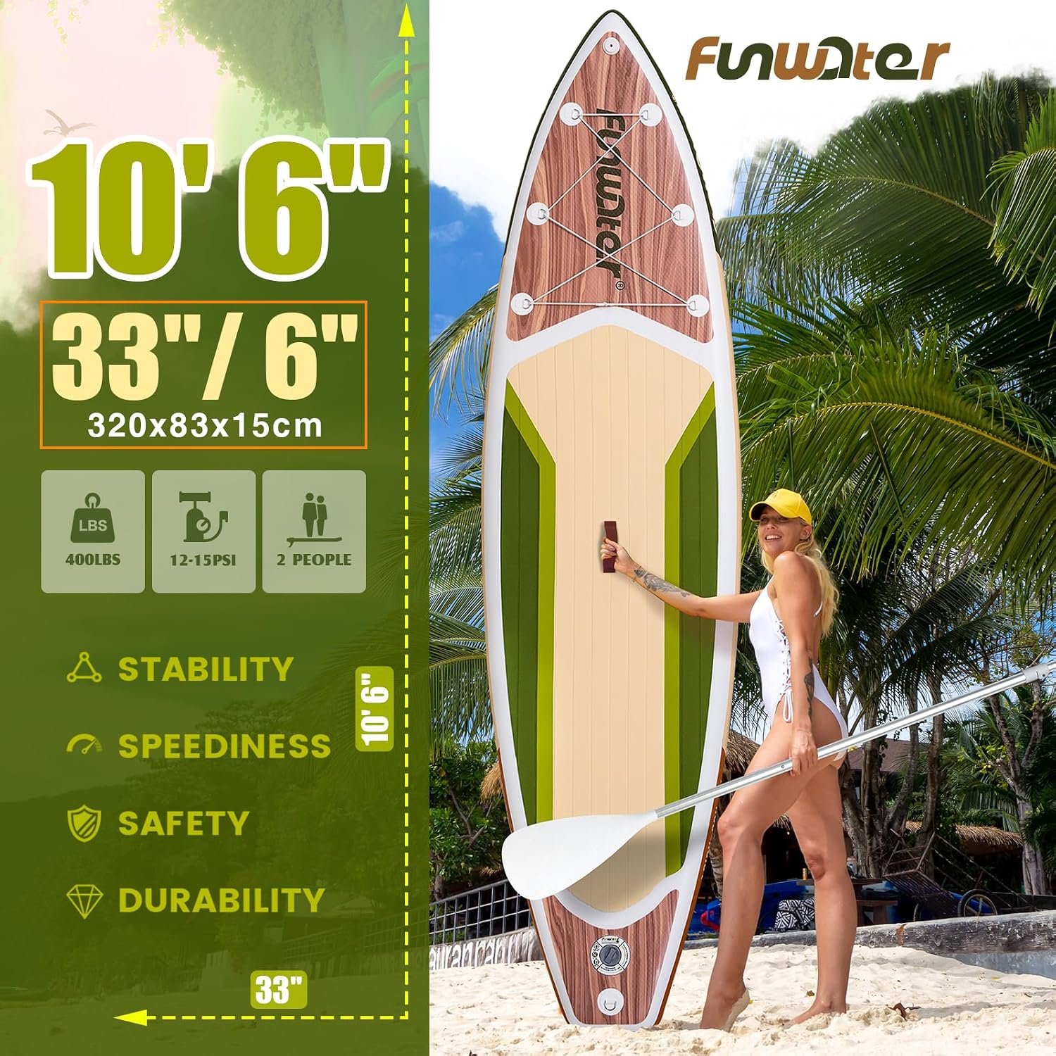 FunWater 11'/10'6' Inflatable Stand Up Paddle Board with Premium SUP Paddleboard Accessories, Wide Stable Anti-Slip EVA Deck,Paddle Boards for Adults & Youth of All Skill Levels