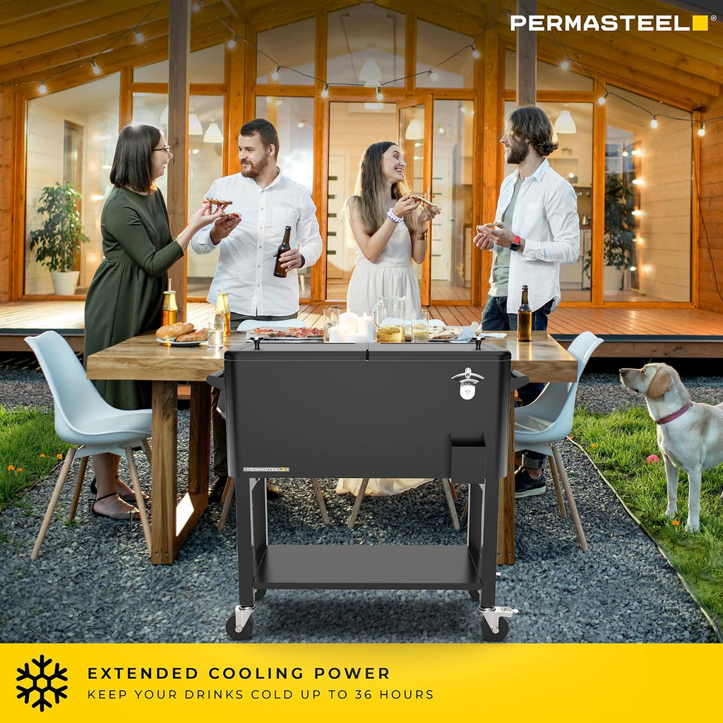 Permasteel Party Cooler with Divider, Removable Basin, Spacious 80-Qt Capacity, Chills 36hrs, Serving Tray, Rolling Ice Chest for Indoor & Outdoor