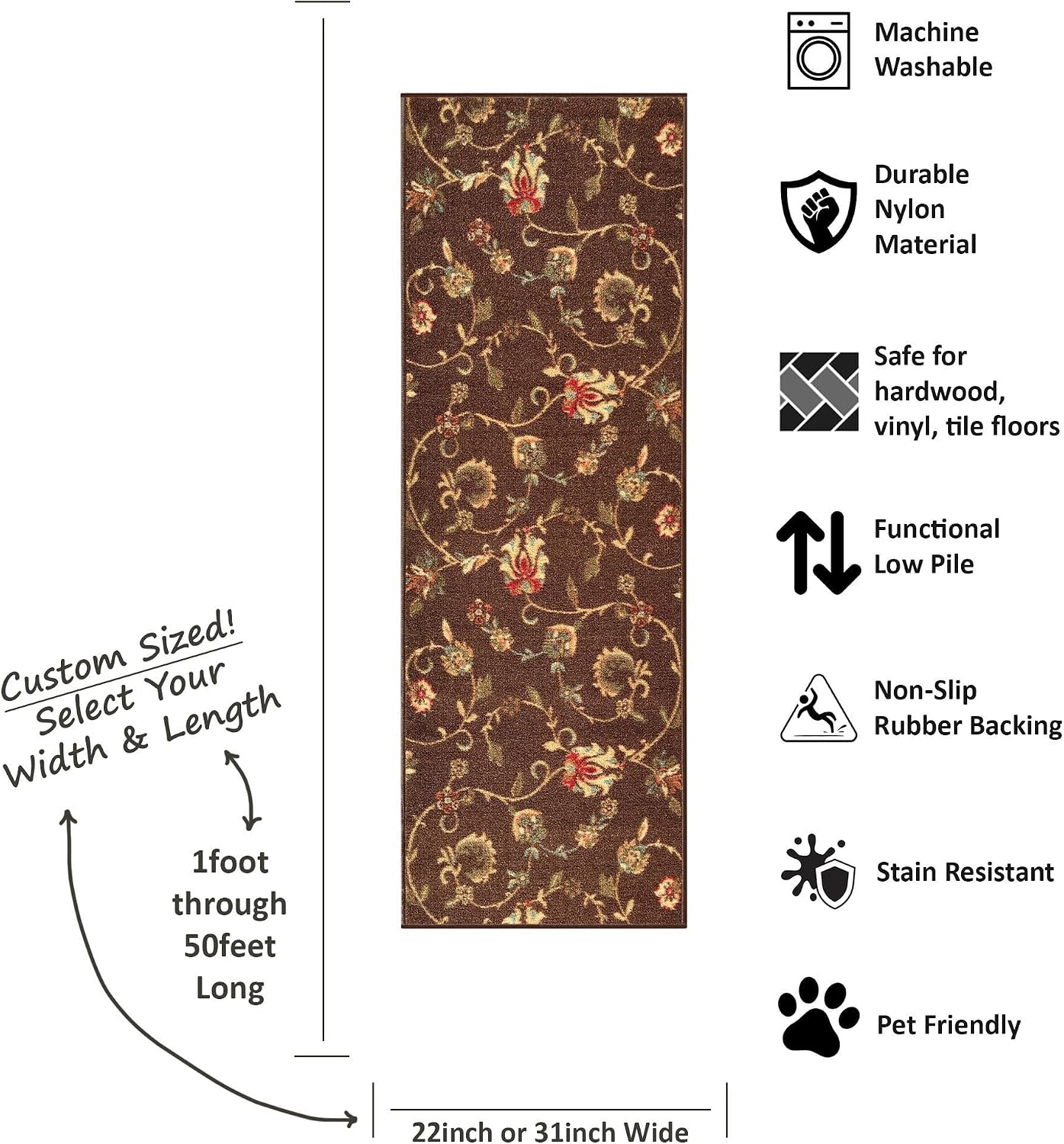 Kapaqua Custom Size Brown Floral Rubber Backed Non-Slip Hallway Stair Runner Rug Carpet 31 inch Wide Choose Your Length 31in X 40ft