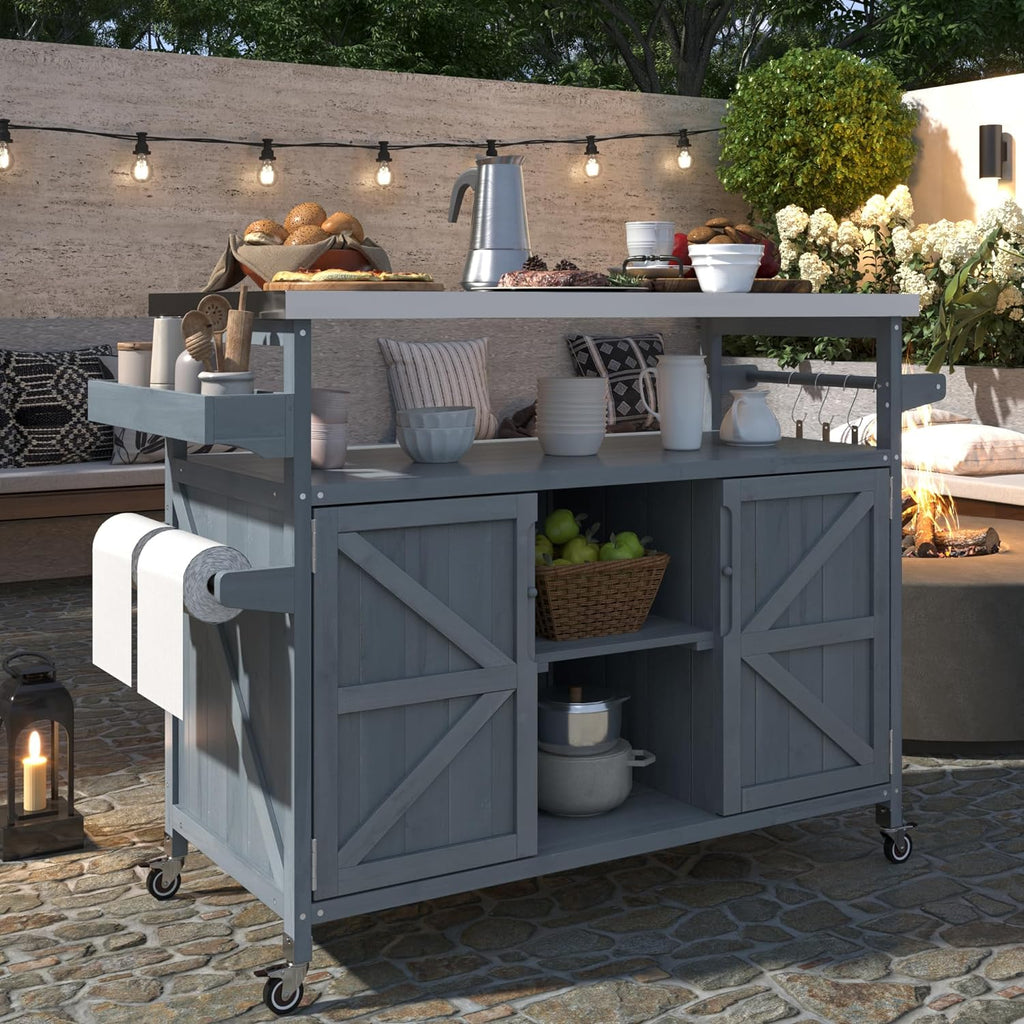 Ball & Cast Outdoor Kitchen Island,Rolling Bar Cart & Storage Cabinet,Farmhouse Solid Wood Outdoor Grill Table with Stainless Steel Top,Spice and Towel Rack,for Kitchen,Barbecue,Grey+Blue,50.25'