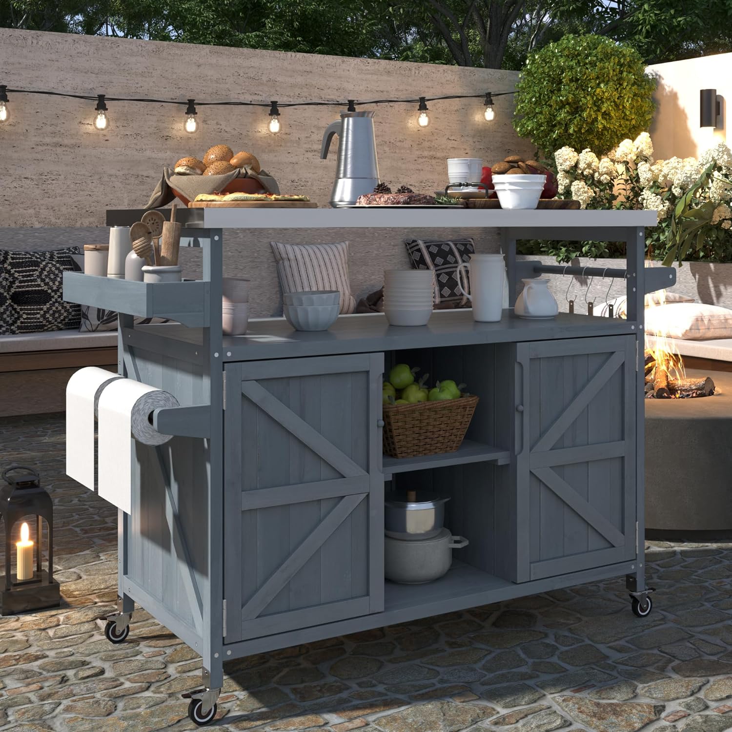 Ball & Cast Outdoor Kitchen Island,Rolling Bar Cart & Storage Cabinet,Farmhouse Solid Wood Outdoor Grill Table with Stainless Steel Top,Spice and Towel Rack,for Kitchen,Barbecue,Grey+Blue,50.25'