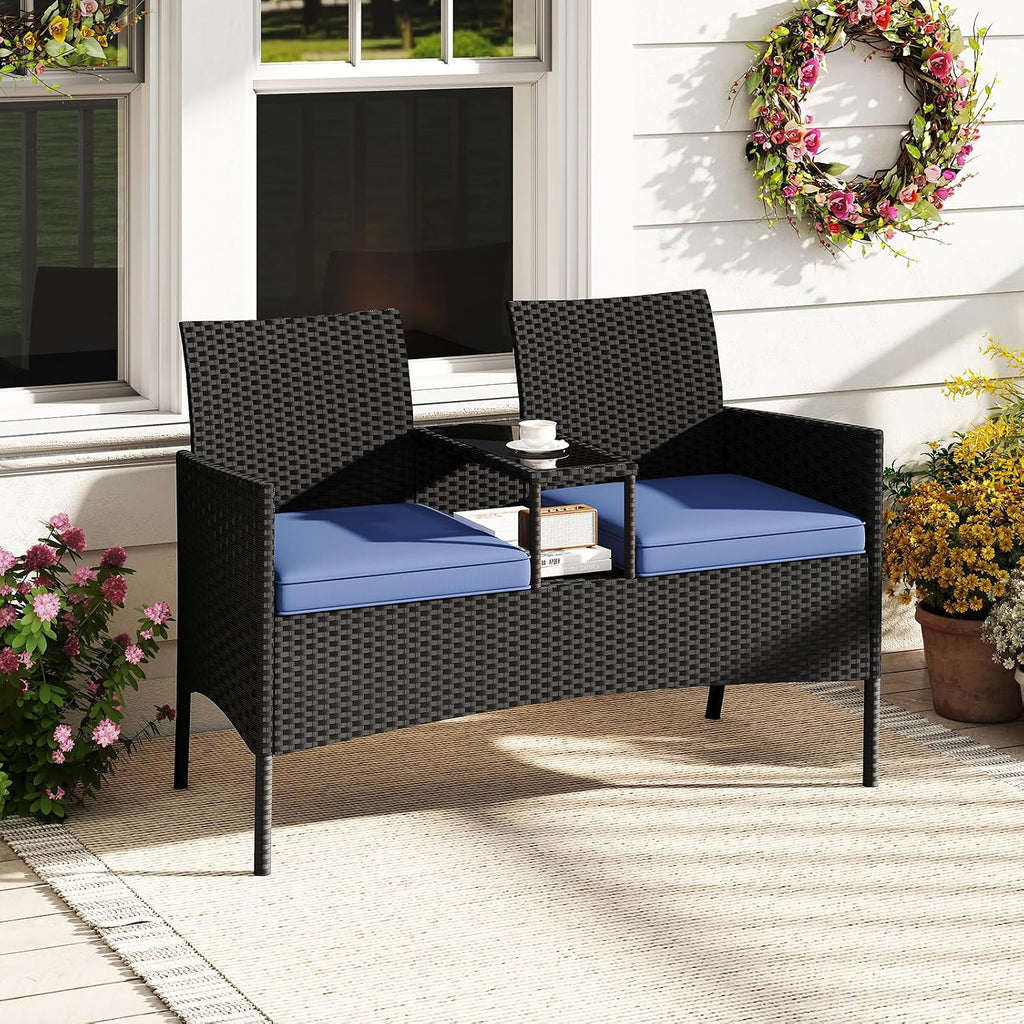 Tangkula Patio Loveseat with Built-in Table, Wicker 2-Seat Furniture with Soft Cushions & Tempered Glass Tabletop, Metal Frame Outdoor Conversation Seating Bench for Backyard, Porch