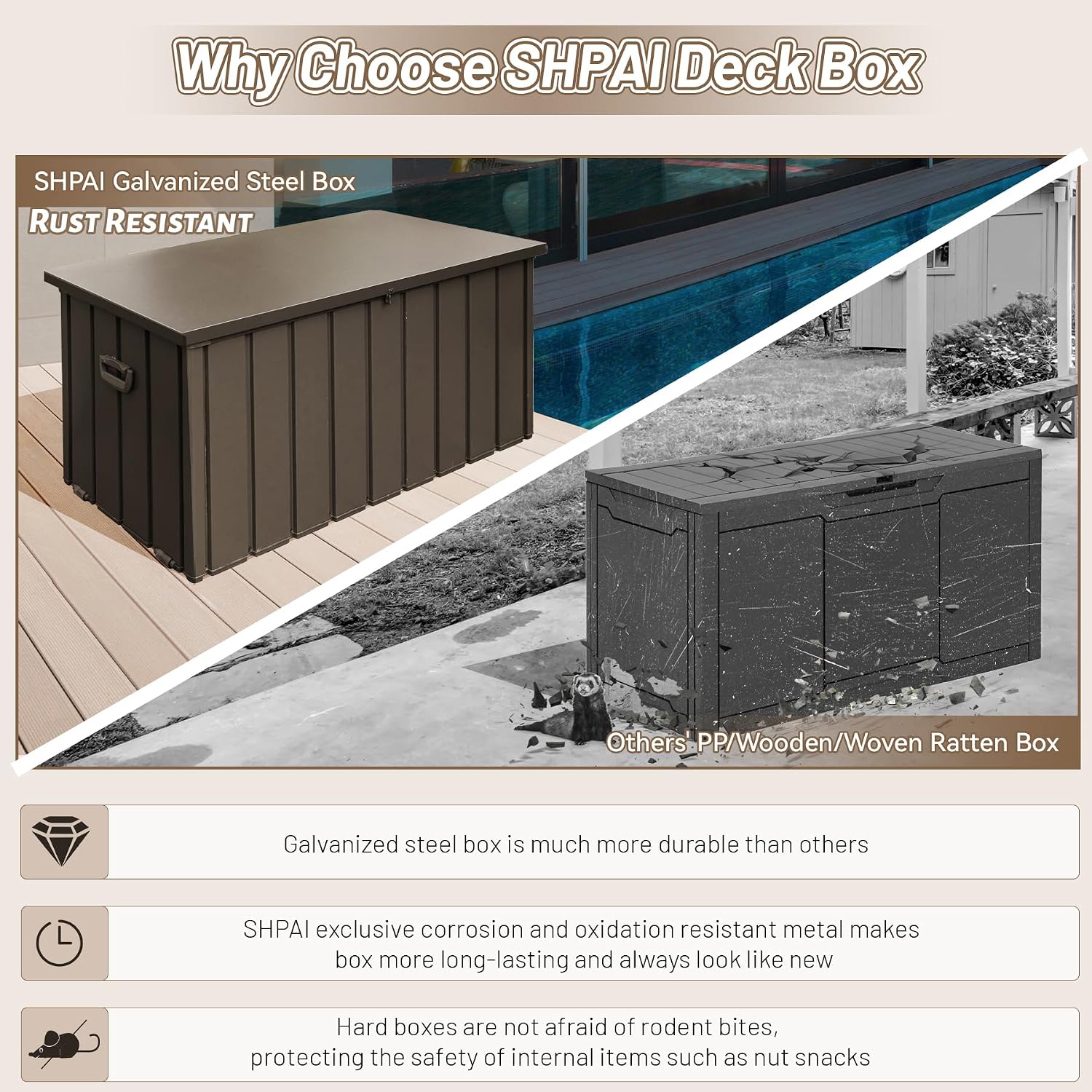 100 Gallon Metal Outdoor Storage Box, Deck Box Waterproof, Outside Steel Storage Lockable Cabinet, Indoor Storage Bin Container for Patio/Poolside/Backyard Cushions, Pillow -Brown