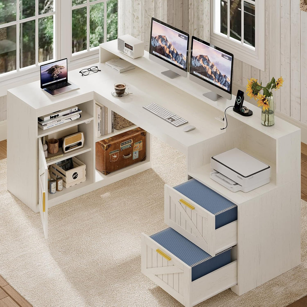 TVU Farmhouse L Shaped Desk with Drawers, 62.2' Home Office Desk with Storage Shelves and Power Outlet, L Shaped Computer Desk with Monitor Stand and Printer Shelf, White