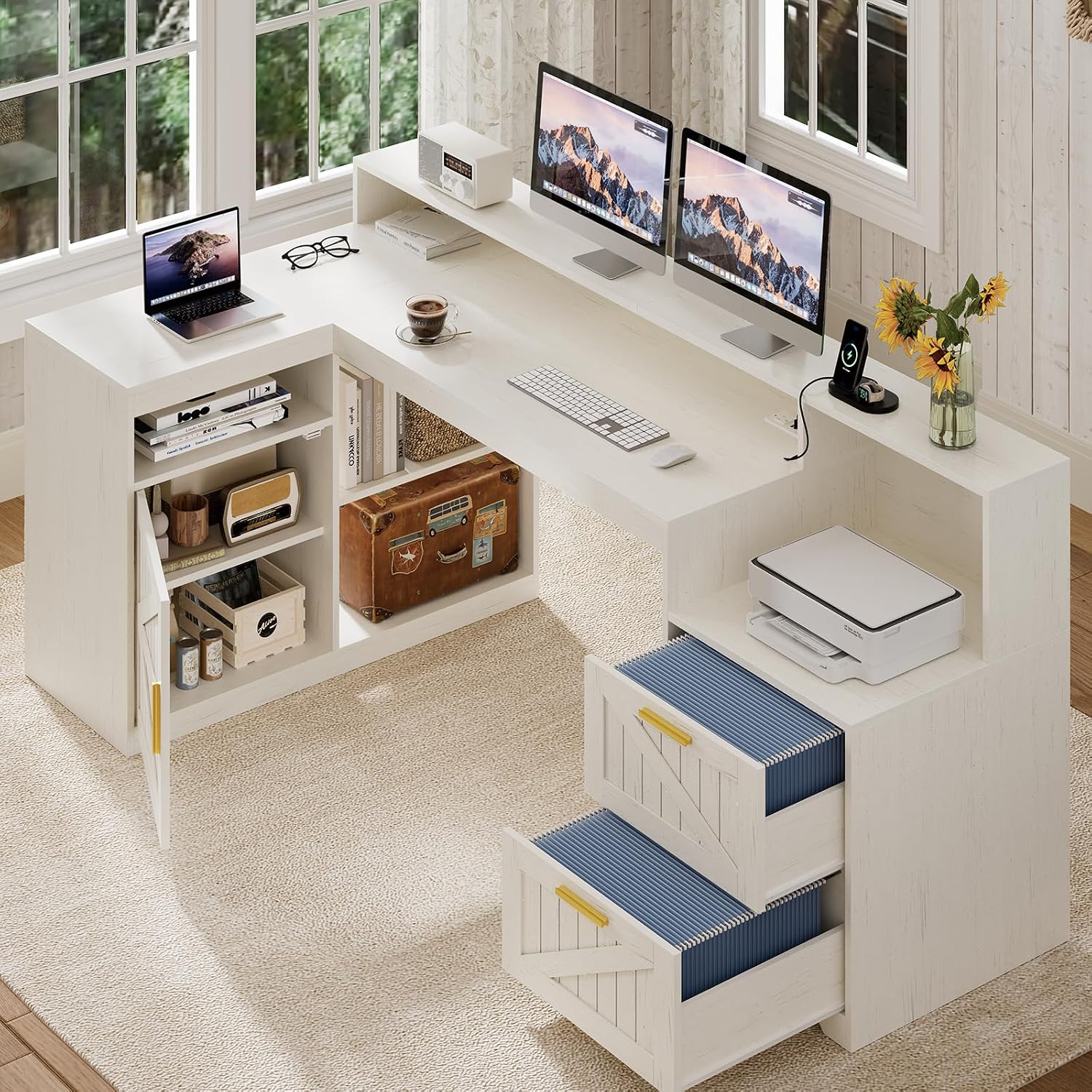 TVU Farmhouse L Shaped Desk with Drawers, 62.2' Home Office Desk with Storage Shelves and Power Outlet, L Shaped Computer Desk with Monitor Stand and Printer Shelf, White