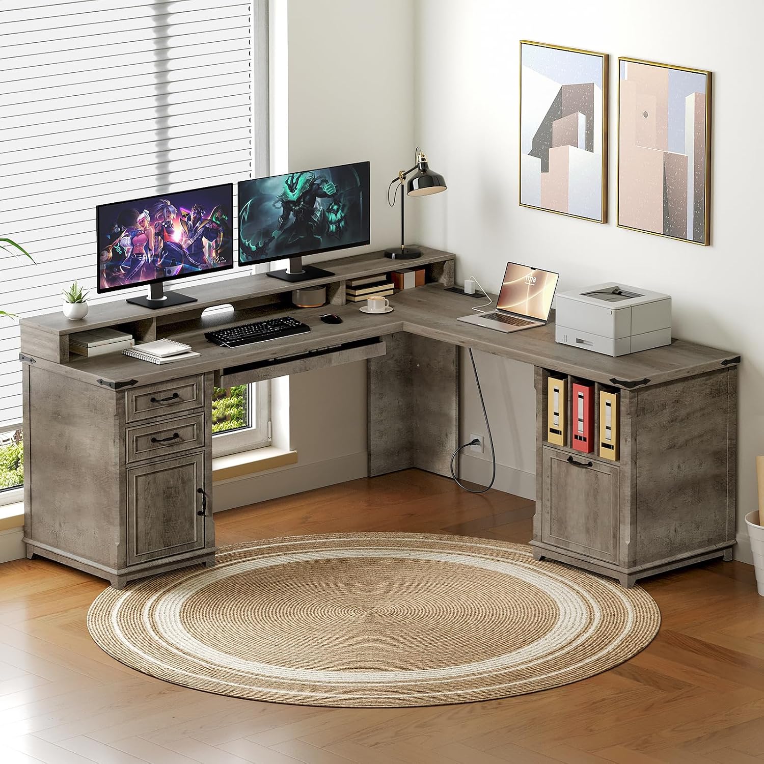 RALGEND 2 Pack Farmhouse 69' Executive L Shaped Desk with Drawer, Home Office Desk with Charging Station, Corner Computer Desk with Monitor Stand,Drawer,Storage Cabinet, Greige