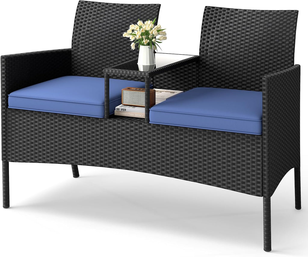 Tangkula Patio Loveseat with Built-in Table, Wicker 2-Seat Furniture with Soft Cushions & Tempered Glass Tabletop, Metal Frame Outdoor Conversation Seating Bench for Backyard, Porch