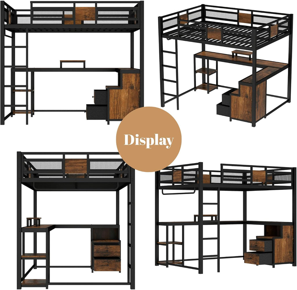Bellemave Queen Loft Bed with Storage Drawers and L-Shaped Desk, Metal Loft Bed Frame with Computer Monitor Stand, Hang Rod, and Multi-Function Shelves, Loftbed with Noise-Free Design, Black