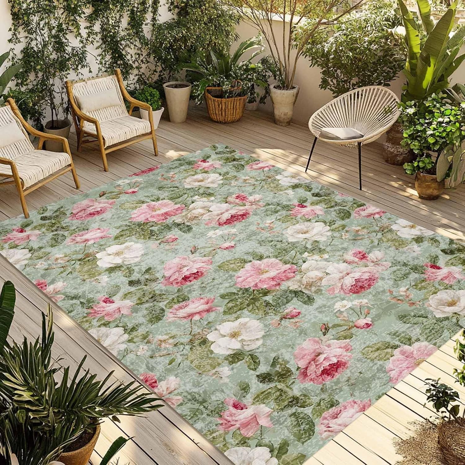 White Pink Flower Outdoor Rug for Patio/Deck/Porch, Non-Slip Large Area Rug 6 x 9 Ft, Shabby Chic Spring Vintage Leaf Green Indoor Outdoor Rugs Washable Area Rugs, Reversible Camping Rug Carpet Runner