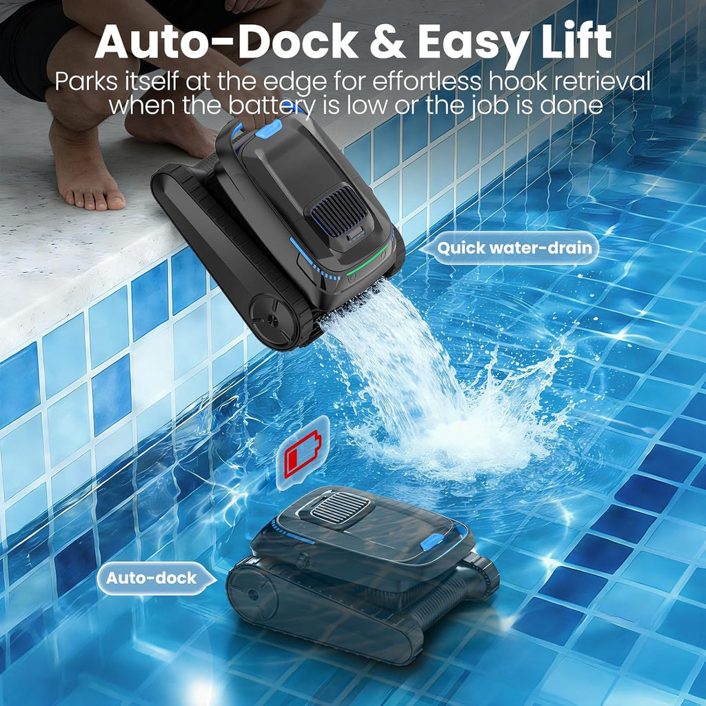 Robotic Pool Vacuum PC10, Cordless Pool Cleaner Robot for Inground & Above Ground Pools, Smart Navigation, 5000GPH Suction Power for Cleaning Floor, Wall & Waterline, Self-Parking, Black