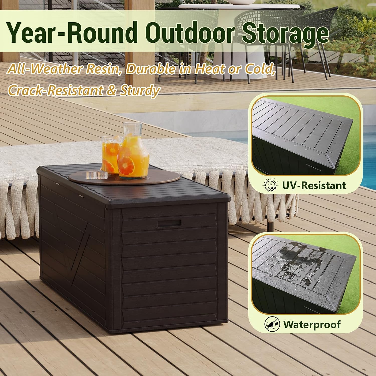 260 Gallon Outdoor Storage Box, Waterproof Resin Double-Wall Deck Box Organizer with Removable Dividers for Patio Cushion Storage, Lockable Outside Container for Garden Tools