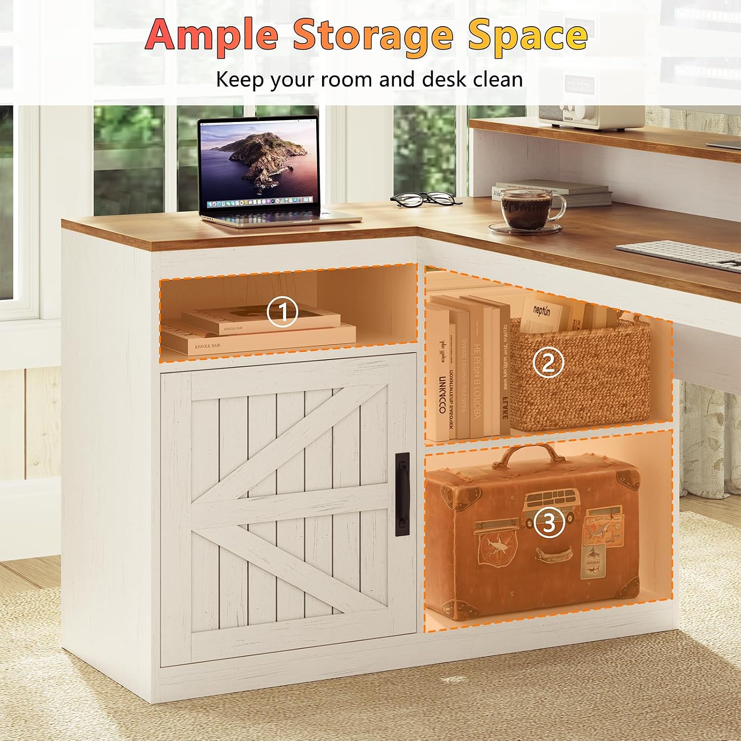 TVU Farmhouse L Shaped Desk with Drawers, 62.2' Home Office Desk with Storage Shelves and Power Outlet, L Shaped Computer Desk with Monitor Stand and Printer Shelf, Brown and White