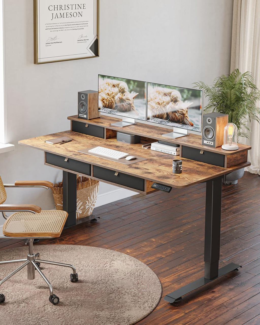 FEZIBO 55 x 30 inch Standing Desk with Drawers, Height Adjustable Electric Workstation, Computer Sit Stand Up Table with Large Storage Shelf 4 Drawers and 2 Hooks, Rustic Brown