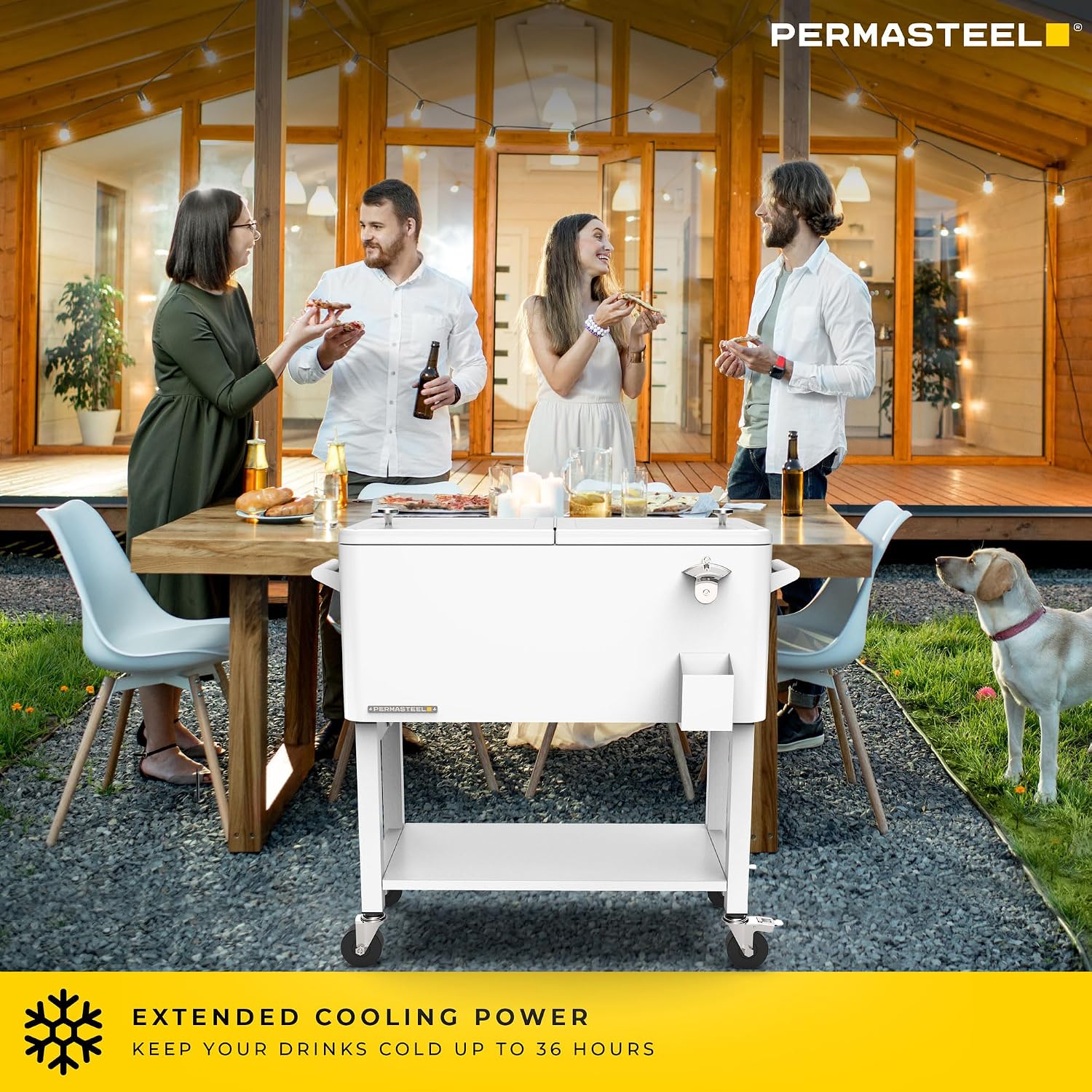 Permasteel Party Cooler with Divider, Removable Basin, Spacious 80-Qt Capacity, Chills 36hrs, Serving Tray, Rolling Ice Chest for Indoor & Outdoor