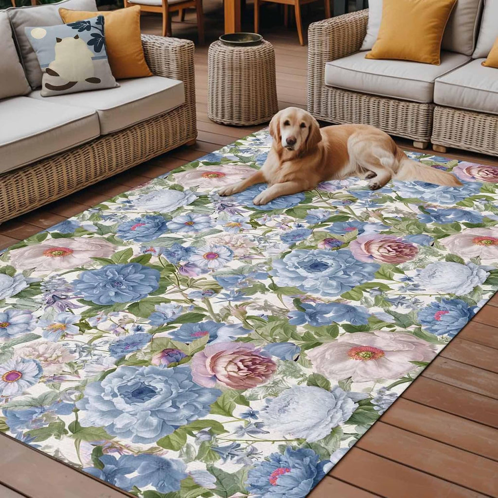 Blue Pink Spring Floral Outdoor Rug for Patio/Deck/Porch, Non-Slip Large Area Rug 6 x 9 Ft, Vintage Summer Botanical Indoor Outdoor Rugs Washable Area Rugs, Reversible Camping Rug Carpet Runner