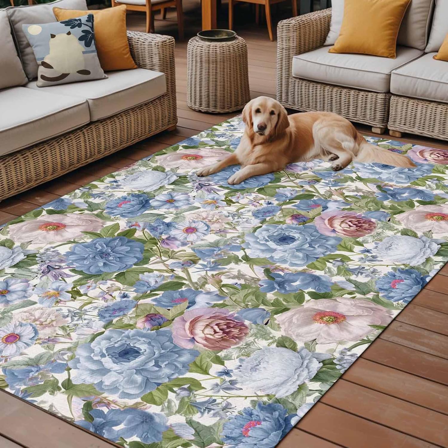 Blue Pink Spring Floral Outdoor Rug for Patio/Deck/Porch, Non-Slip Large Area Rug 6 x 9 Ft, Vintage Summer Botanical Indoor Outdoor Rugs Washable Area Rugs, Reversible Camping Rug Carpet Runner