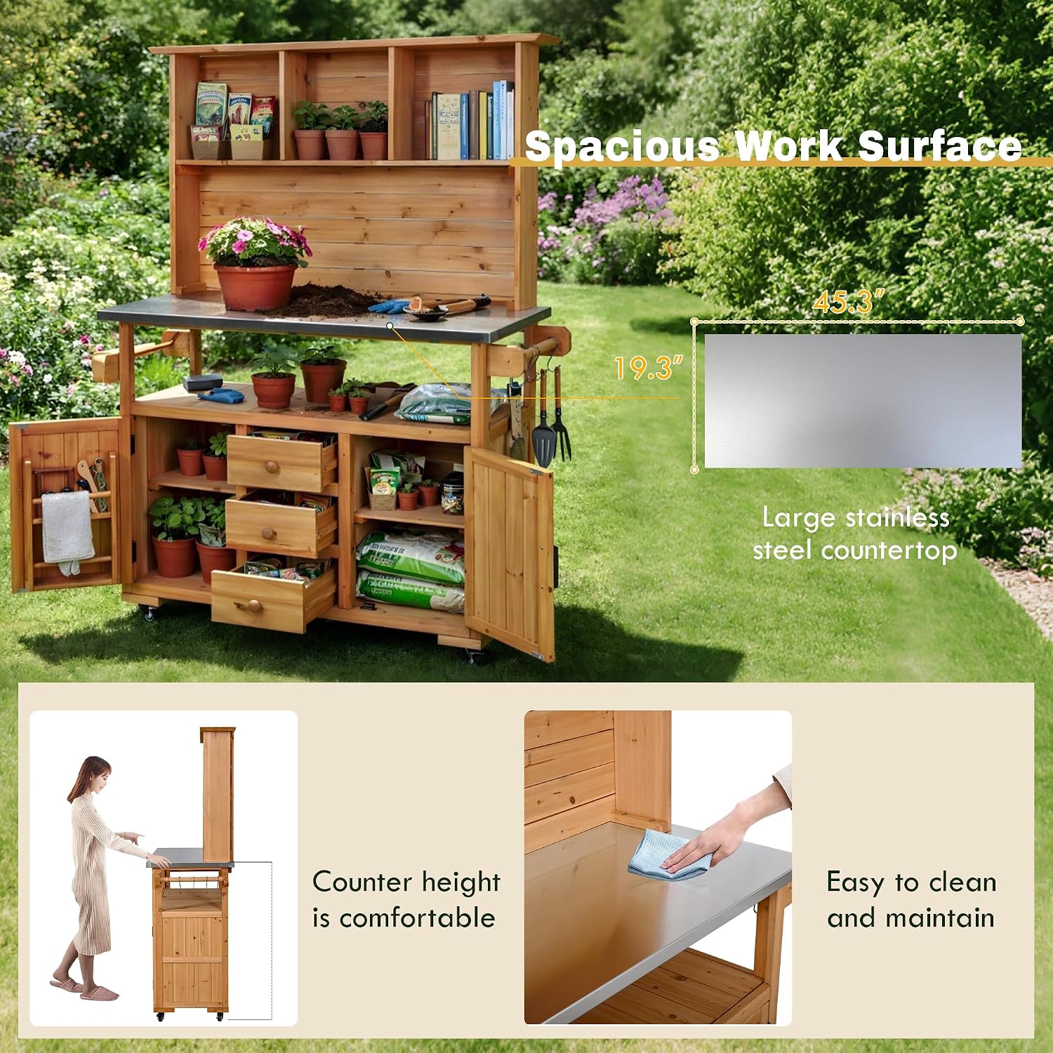 65''H Large Garden Potting Bench, Solid Fir Wood Outdoor Kitchen Island with Lockable Wheels, Stainless Steel top, Drawers, Shelf and Cabinets, Door Shelves and Hutch for Grilling (Natural-113)