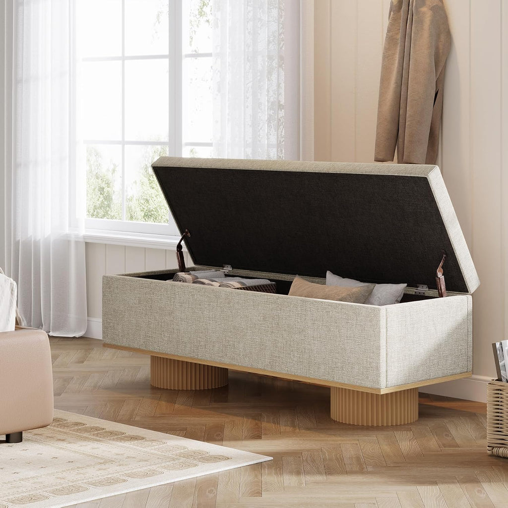 Tribesigns 50.39' Storage Bench with Padded Seat Cushion, Upholstered Shoe Bench with Flip Up Storage for Bedroom, Living Room, Entryway, Load up to 330 lb, Beige + Wood Color