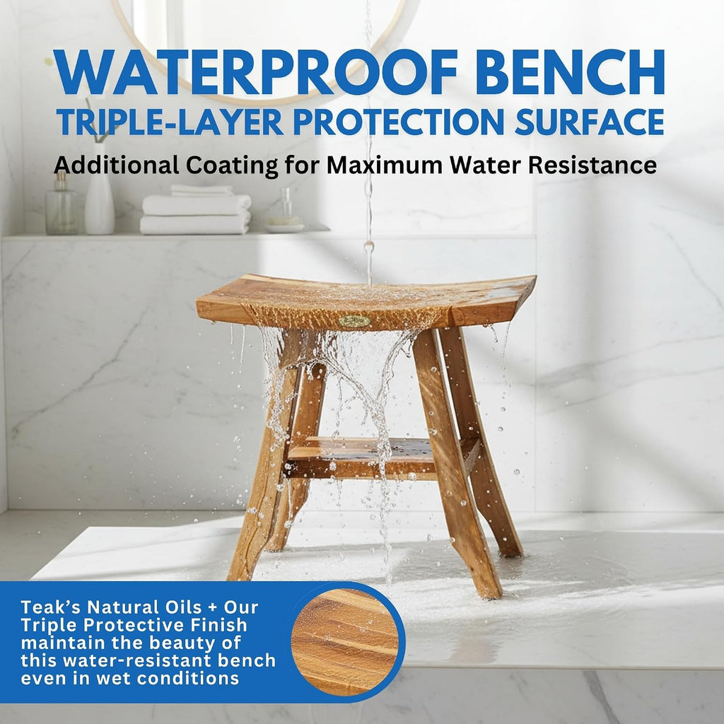 EcoDecors Fully Assembled, Satori 18' Teak Shower Bench, Wooden Shower Bench, Shower Stool, Compact Fit for Small Bathrooms & Walk-in Showers – Slip-Resistant Feet, Sauna Bench, Shower Stool Wood