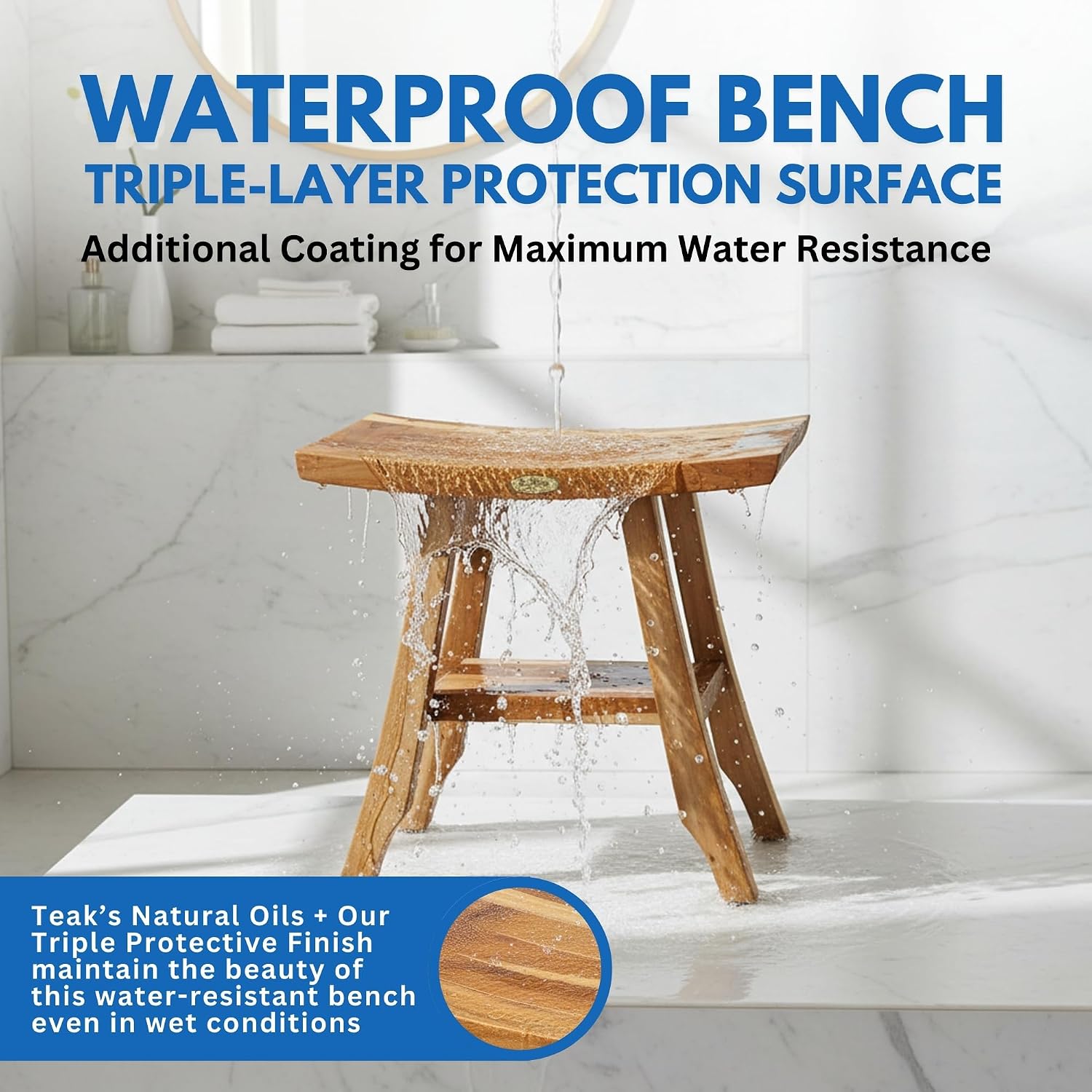 EcoDecors Fully Assembled, Satori 18' Teak Shower Bench, Wooden Shower Bench, Shower Stool, Compact Fit for Small Bathrooms & Walk-in Showers – Slip-Resistant Feet, Sauna Bench, Shower Stool Wood