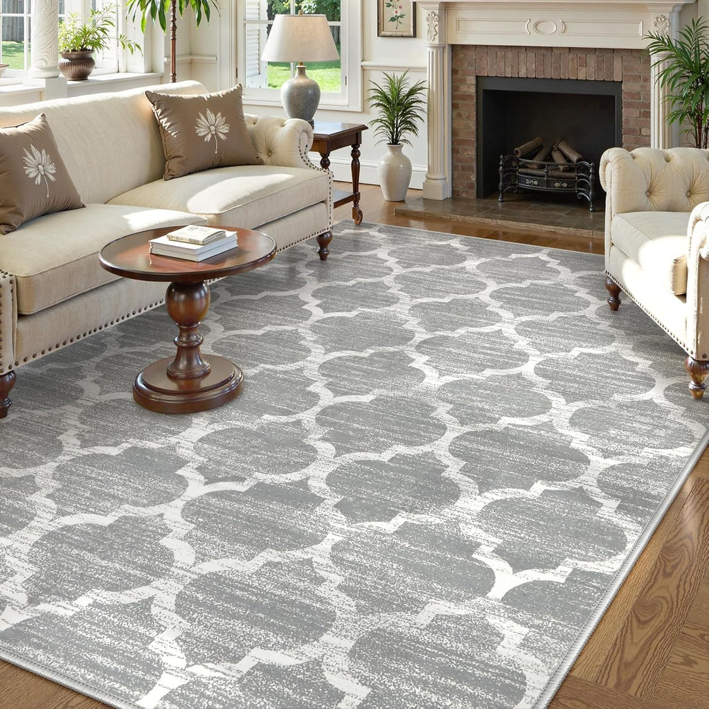 Lahome Moroccan Washable Rugs 8x10,Grey Rug for Living Room,Soft Boho Large Bedroom Rug 8x10 Under Bed Boho Dining Room Rugs for Under Table Geometric Office Room Meline