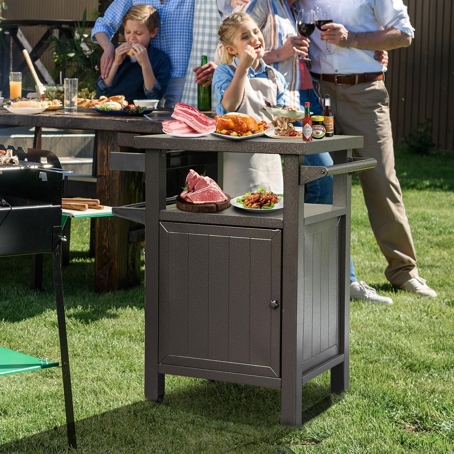 Domi Grill Carts Outdoor with Storage and Wheels, Whole Metal Portable Table and Storage Cabinet for BBQ,Deck,Patio,Backyard(Brown)
