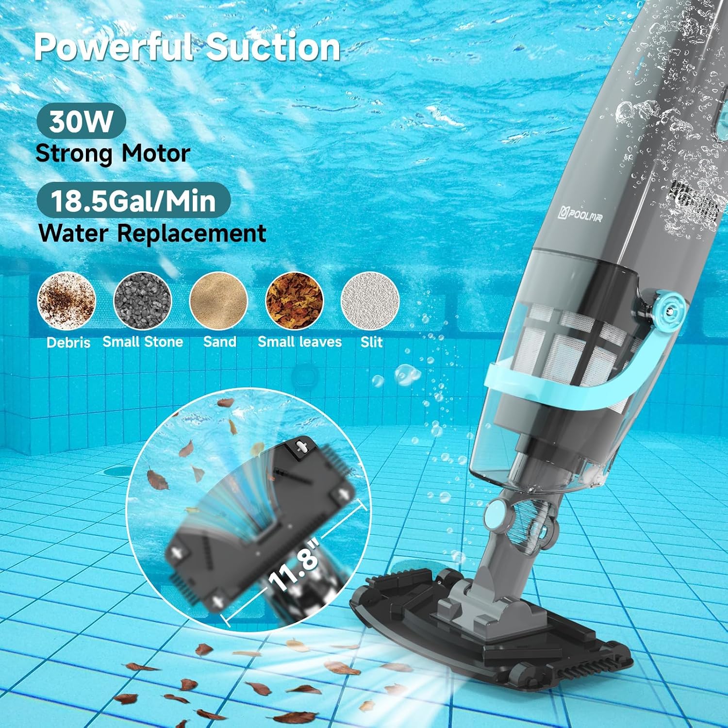PoolMr Cordless Handheld Pool Vacuum, Rechargeable Pool Cleaner with 18.5 Gal/Min Suction, 60 Min Runtime, Dual-Phase Cleaning System, for Above Ground Pools, Spas, Hot Tubs,Black(New Version)