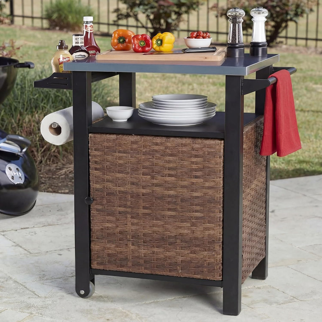 30' Grill Cart Outdoor with Wheels, Outdoor Prep Table with Wicker Storage and Rolling Wheels, Samll Kitchen Island Serving Cart with Stainless Steel Table Top for BBQ, Porch, Patio, Brown