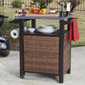 30' Grill Cart Outdoor with Wheels, Outdoor Prep Table with Wicker Storage and Rolling Wheels, Samll Kitchen Island Serving Cart with Stainless Steel Table Top for BBQ, Porch, Patio, Brown