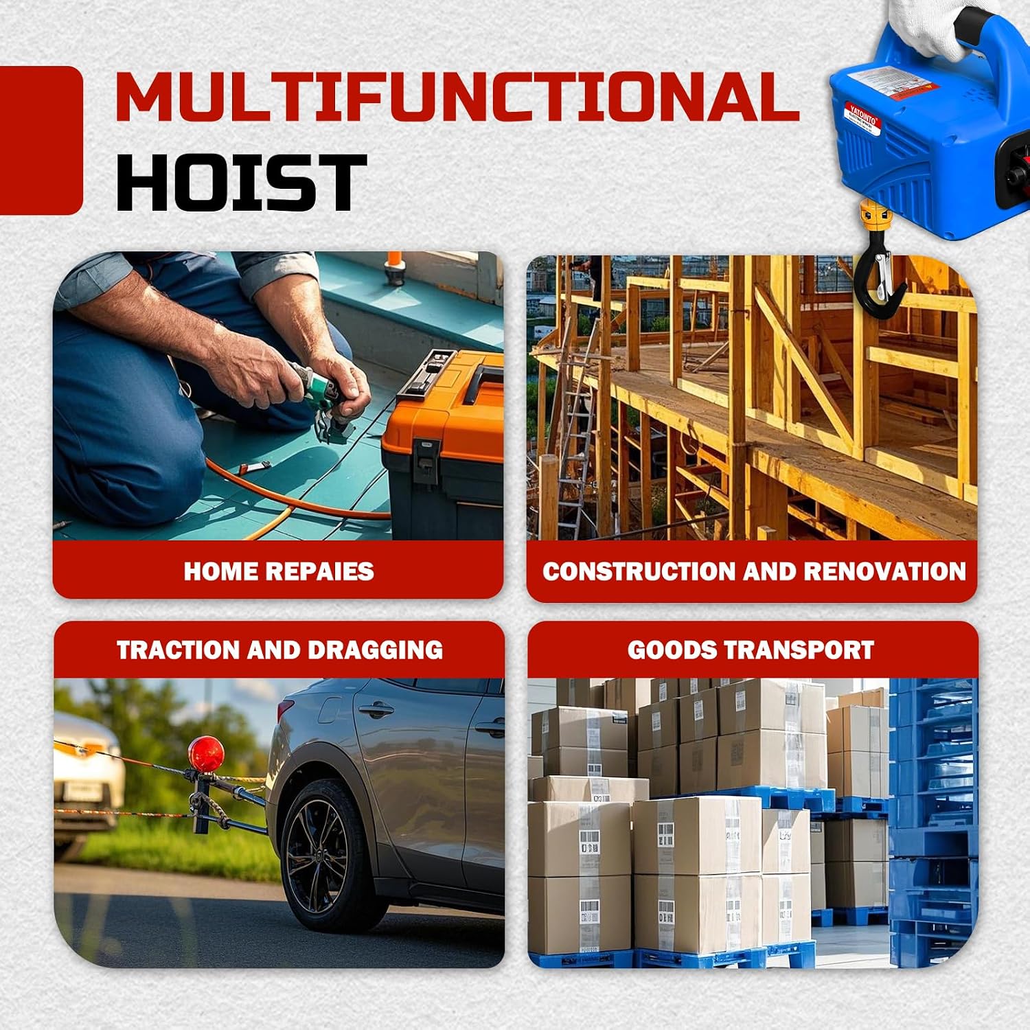 3 in 1 Electric Hoist Winch,1500 Lbs Portable Electric Power Winch,Electric Hoist 110 Volt,Wired and Wireless Remote Control,25ft Lifting Height for Garage,Factories,Warehouses