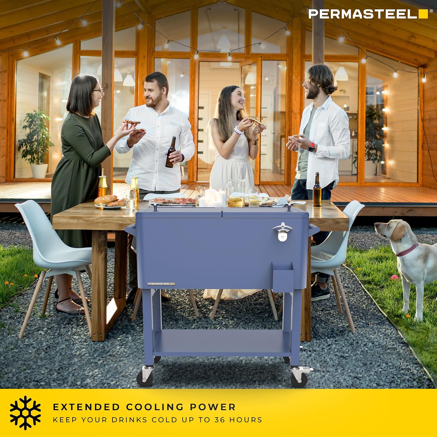 Permasteel Party Cooler with Divider, Removable Basin, Spacious 80-Qt Capacity, Chills 36hrs, Serving Tray, Rolling Ice Chest for Indoor & Outdoor