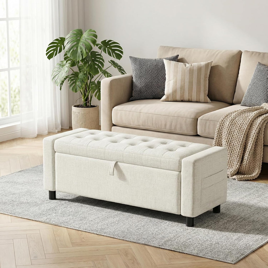 Amada 46' Storage Ottoman Bench with Safety Hinge, Hidden Compartment & Side Pocket - Upholstered End of Bed/Entryway Bench for Bedroom & Living Room, 400 lbs Weight Capacity, Beige