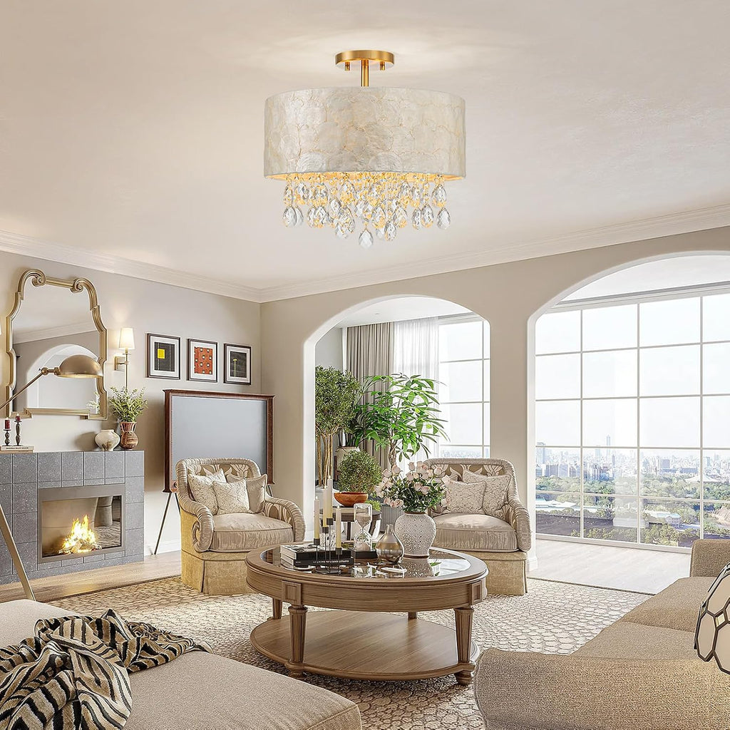 LumFurn D16in Capiz Shell K9 Crystal Drum Chandeliers, 4-Light Coastal Design Semi-Flushmount Ceiling Light Fixture for Dining Room, Kitchen & Bedroom, D16xH16in, Shell Lampshade & Brass Finish