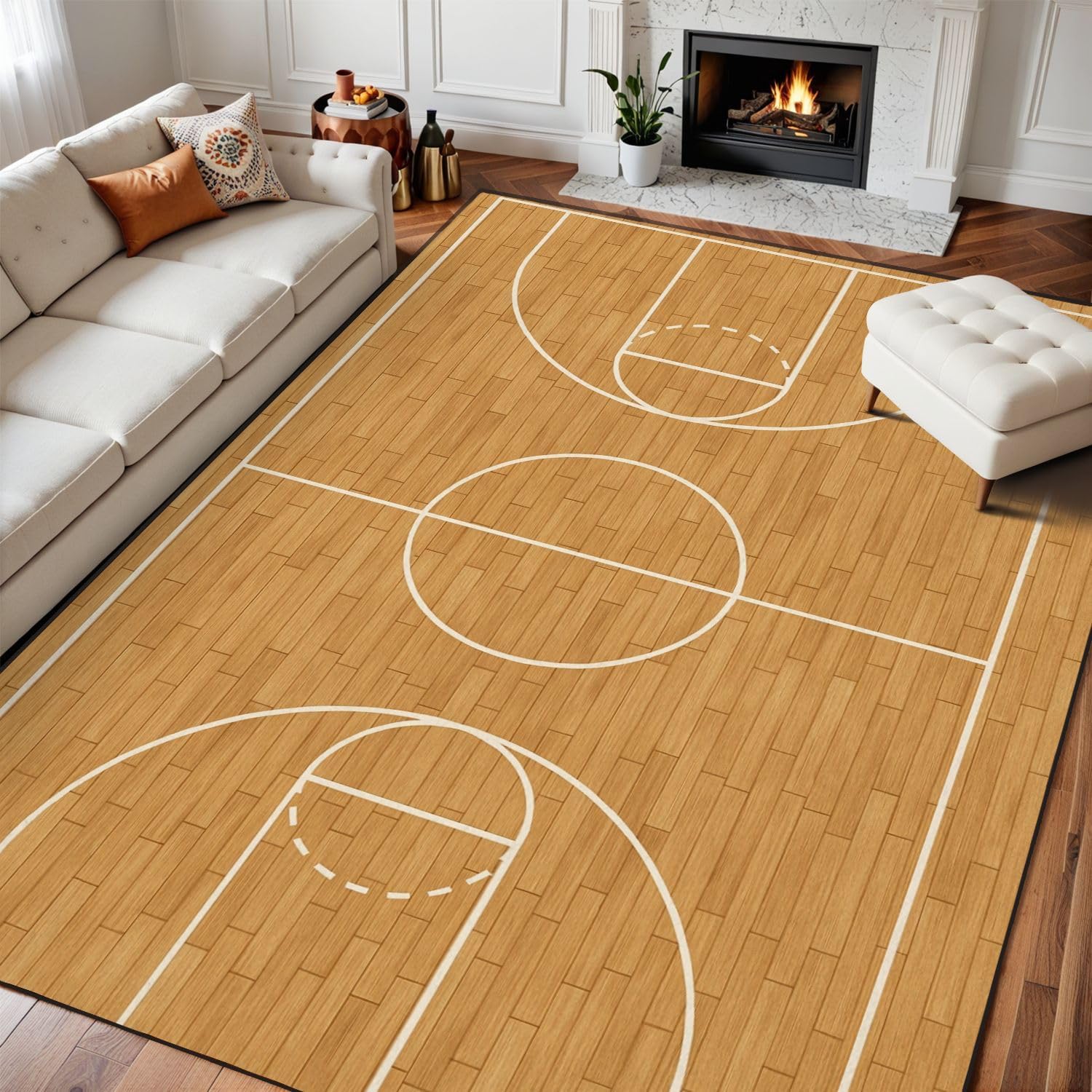 8x10 Area Rugs for Bedroom Boho Washable Rug for Living Room Basketball Court Wooden Flooring White Lines Carpet for Dining Room Soft Rubber Backed Non-Slip Carpets for Bedroom Office