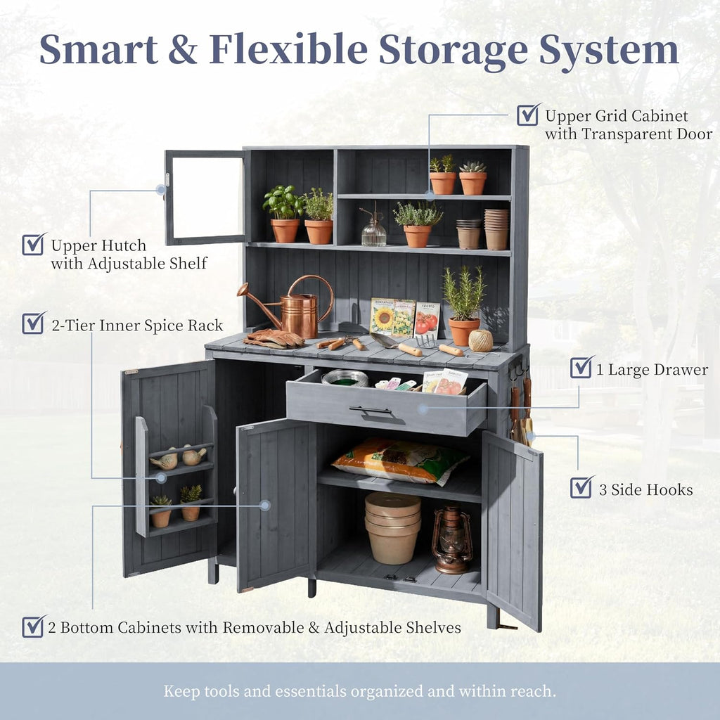 65' H Potting Bench with Hutch, Solid Fir Wood Patio Kitchen Island with Adjustable Shelves, 2-Tier Inner Spice Rack in Door, Side Hook and Drawer, Large Countertop, Magnetic Stoppers (Gray-115)