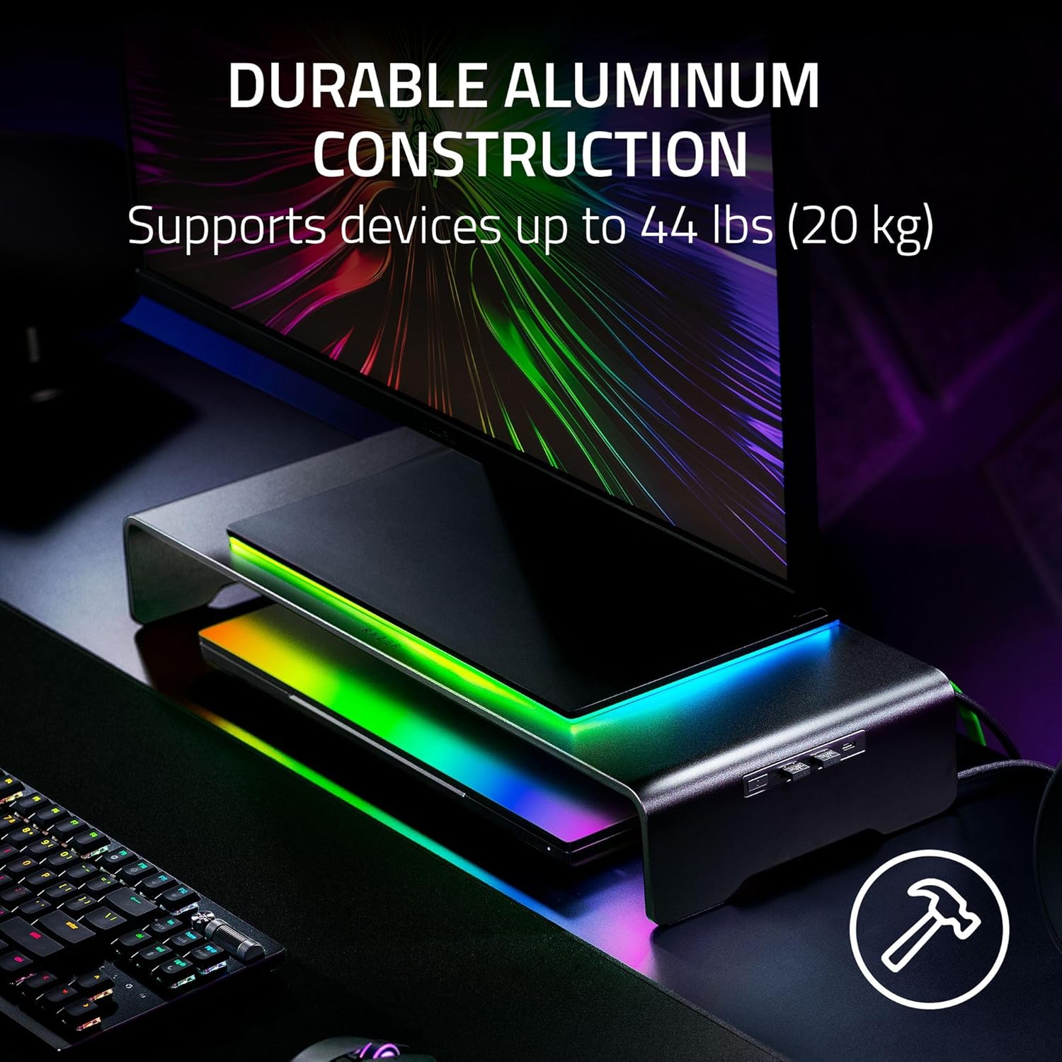 Razer Monitor Stand Chroma - Aluminium monitor stand with 4-way USB-C hub with Chroma RGB (50cm x 21cm x 7.85cm, robust construction, 20 kg load capacity, ergonomic height) Black