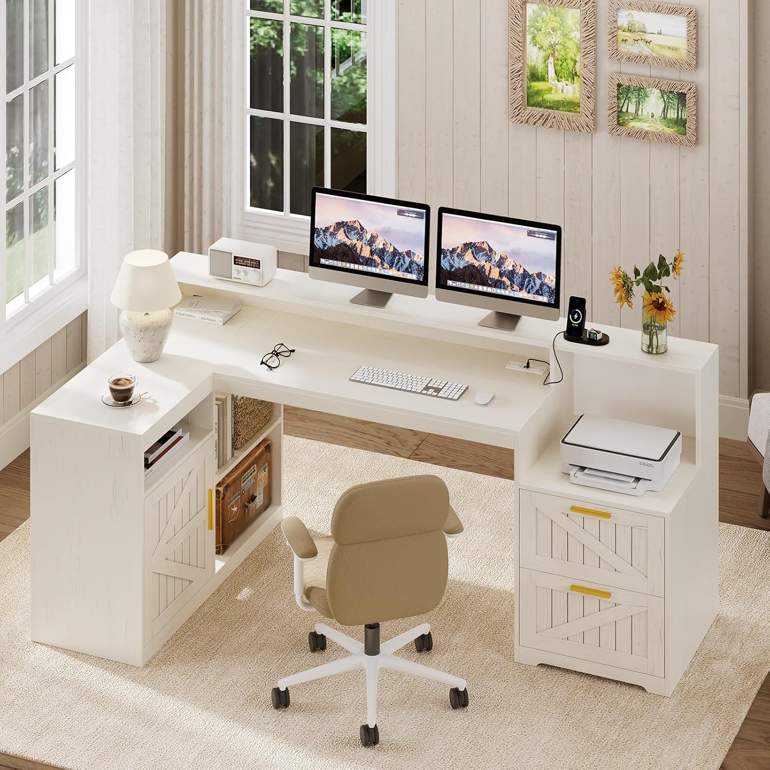 TVU Farmhouse L Shaped Desk with Drawers, 62.2' Home Office Desk with Storage Shelves and Power Outlet, L Shaped Computer Desk with Monitor Stand and Printer Shelf, White