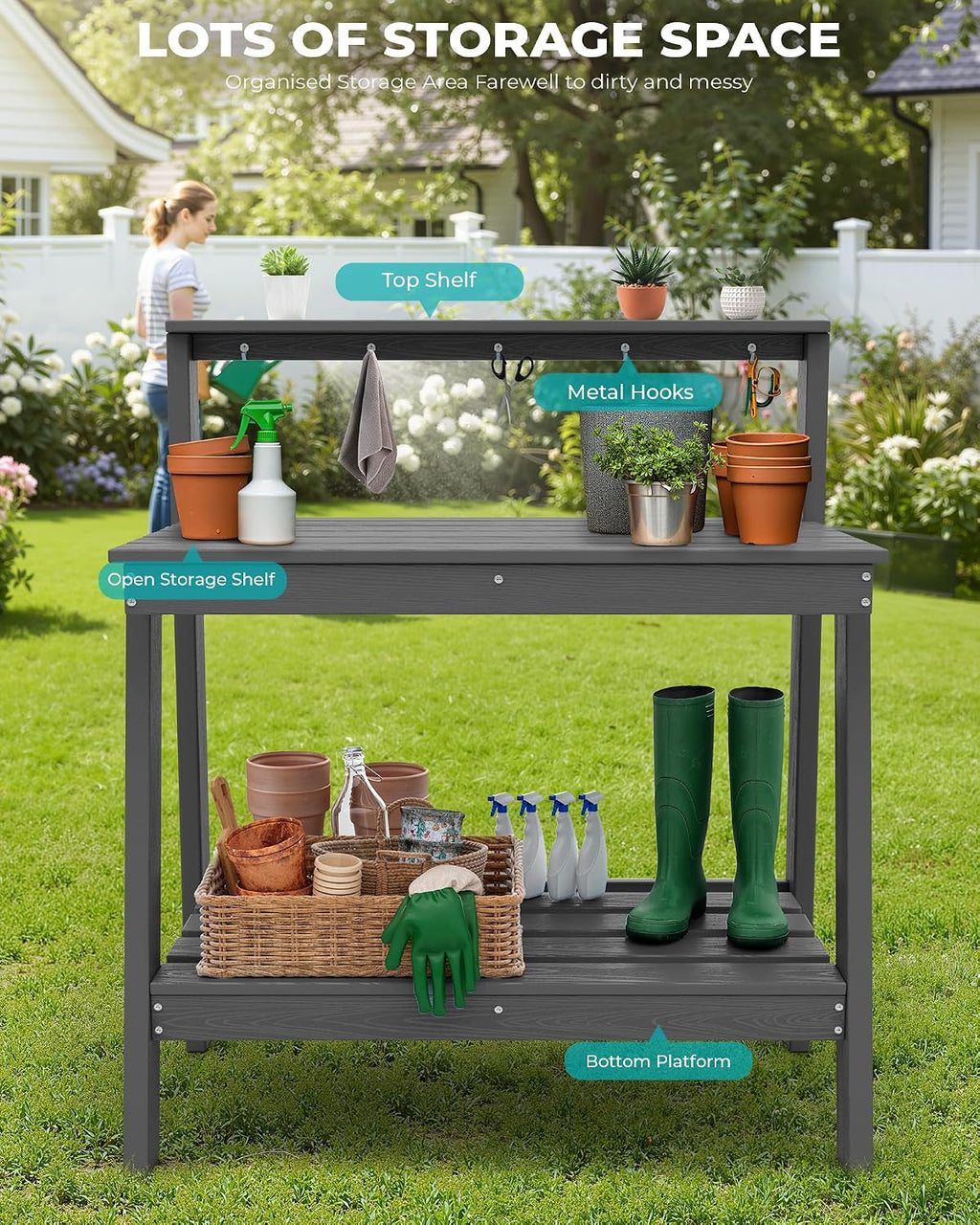 SERWALL Potting Bench Outdoor with Storage, 3-Tier HDPE Gardening Table with Angled Legs & Tool Hooks, All-Weather Heavy Duty Potting Table for Patio, Backyard, Garden, Gray