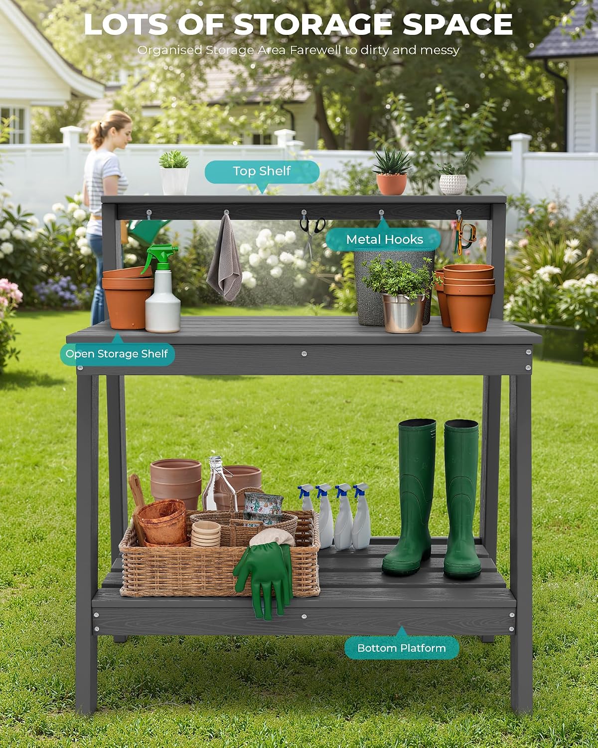 SERWALL Potting Bench Outdoor with Storage, 3-Tier HDPE Gardening Table with Angled Legs & Tool Hooks, All-Weather Heavy Duty Potting Table for Patio, Backyard, Garden, Gray