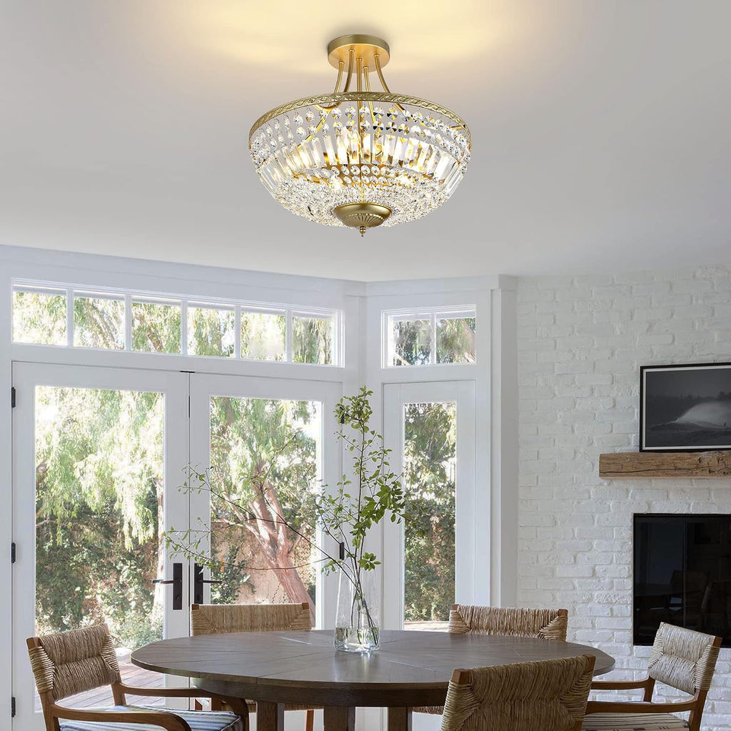 WINGBO 19.5 Inch Crystal Ceiling Light Fixture, 5-Light Raindrop Semi Flush Mount Chandelier, Modern Round Close to Ceiling Hanging Light for Living Room Dining Room Bedroom Hallway, Gold