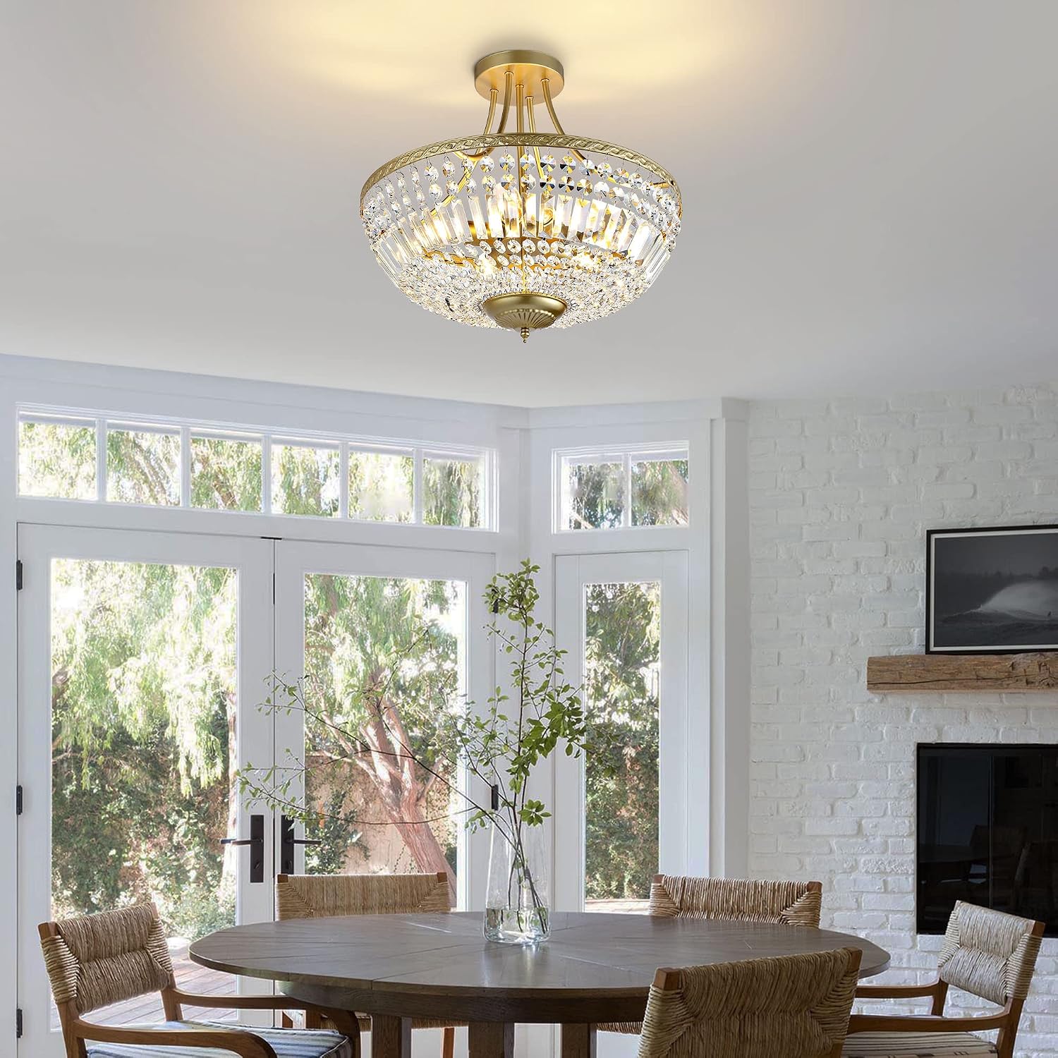 WINGBO 19.5 Inch Crystal Ceiling Light Fixture, 5-Light Raindrop Semi Flush Mount Chandelier, Modern Round Close to Ceiling Hanging Light for Living Room Dining Room Bedroom Hallway, Gold