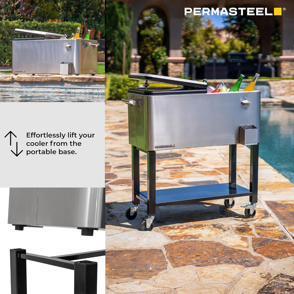 Permasteel Party Cooler with Divider, Removable Basin, Spacious 80-Qt Capacity, Chills 36hrs, Serving Tray, Rolling Ice Chest for Indoor & Outdoor