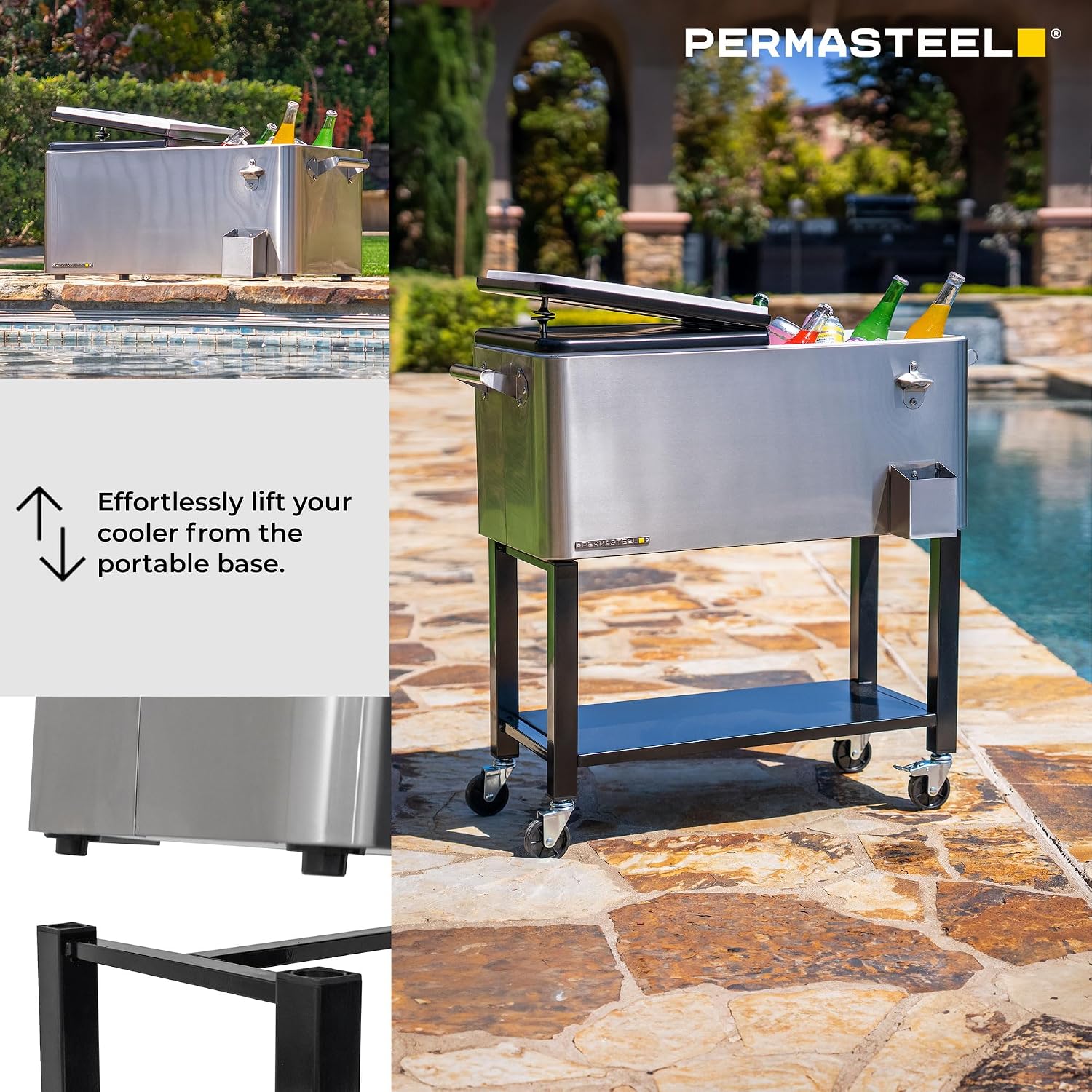 Permasteel Party Cooler with Divider, Removable Basin, Spacious 80-Qt Capacity, Chills 36hrs, Serving Tray, Rolling Ice Chest for Indoor & Outdoor