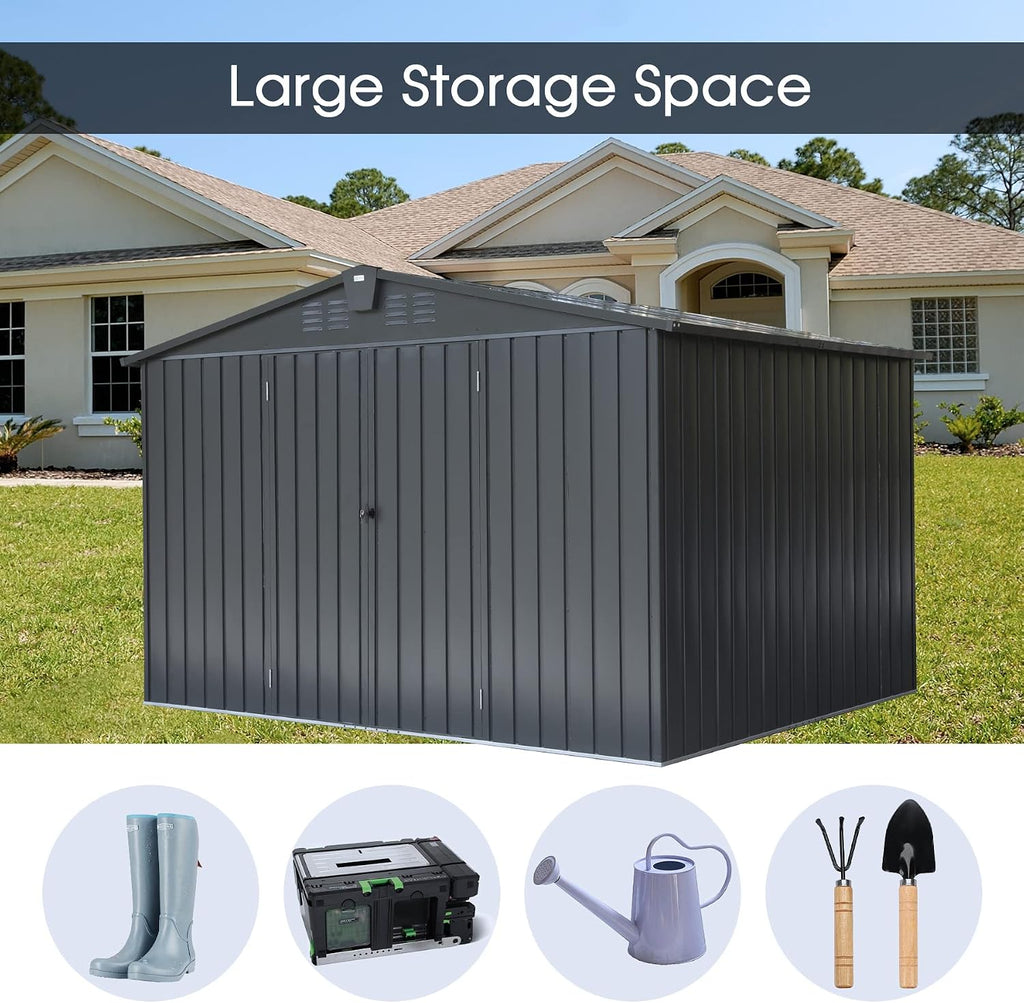Domi Outdoor Storage Shed 10'x 8', Metal Garden Shed for Bike, Trash Can, Tools, Lawn Mowers, Pool Toys, Galvanized Steel Outdoor Storage Cabinet with Lockable Door for Backyard, Patio, Lawn
