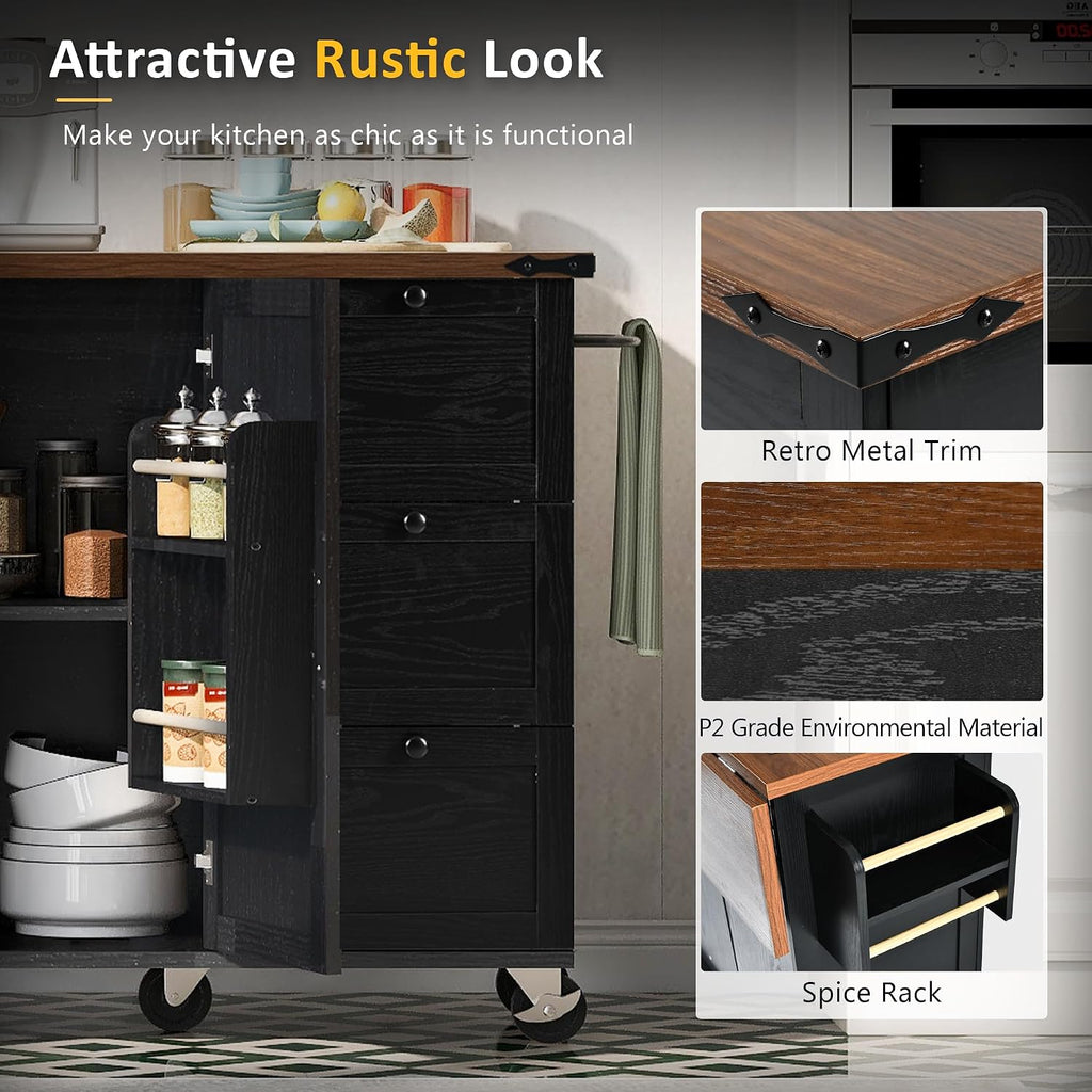 54.5' Farmhouse Kitchen Island with Power Outlet, Kitchen Storage Island with Internal Storage Rack, Drop Leaf, Spice Rack, Rolling Kitchen Cart on Wheels, for Home, Living Room and Dining Room,Black