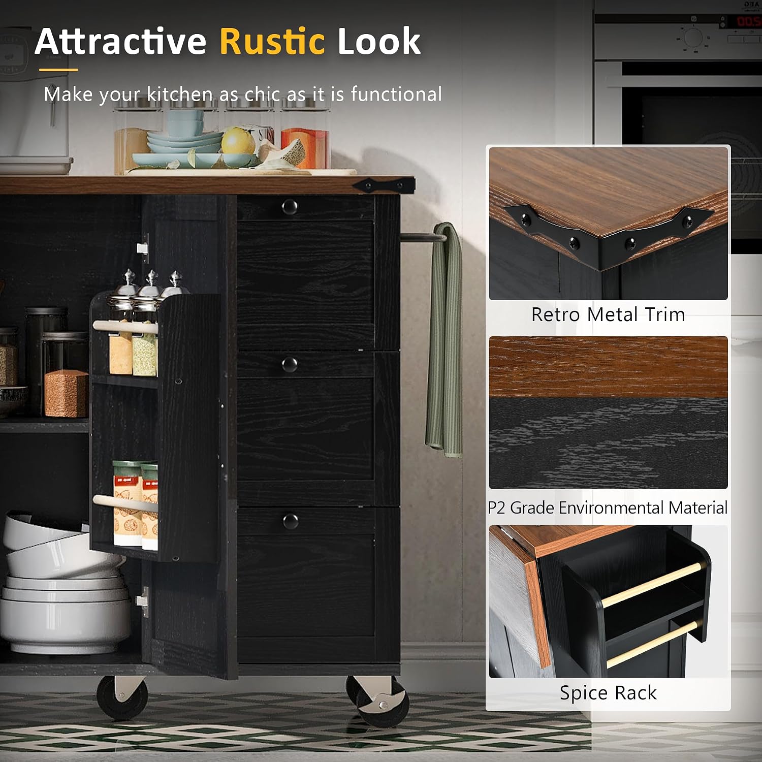 54.5' Farmhouse Kitchen Island with Power Outlet, Kitchen Storage Island with Internal Storage Rack, Drop Leaf, Spice Rack, Rolling Kitchen Cart on Wheels, for Home, Living Room and Dining Room,Black